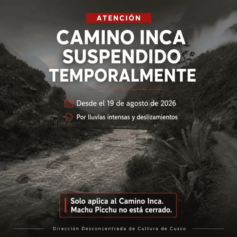 Suspenden temporalmente el ingreso al Camino Inca a Machu Picchu por intensas lluvias